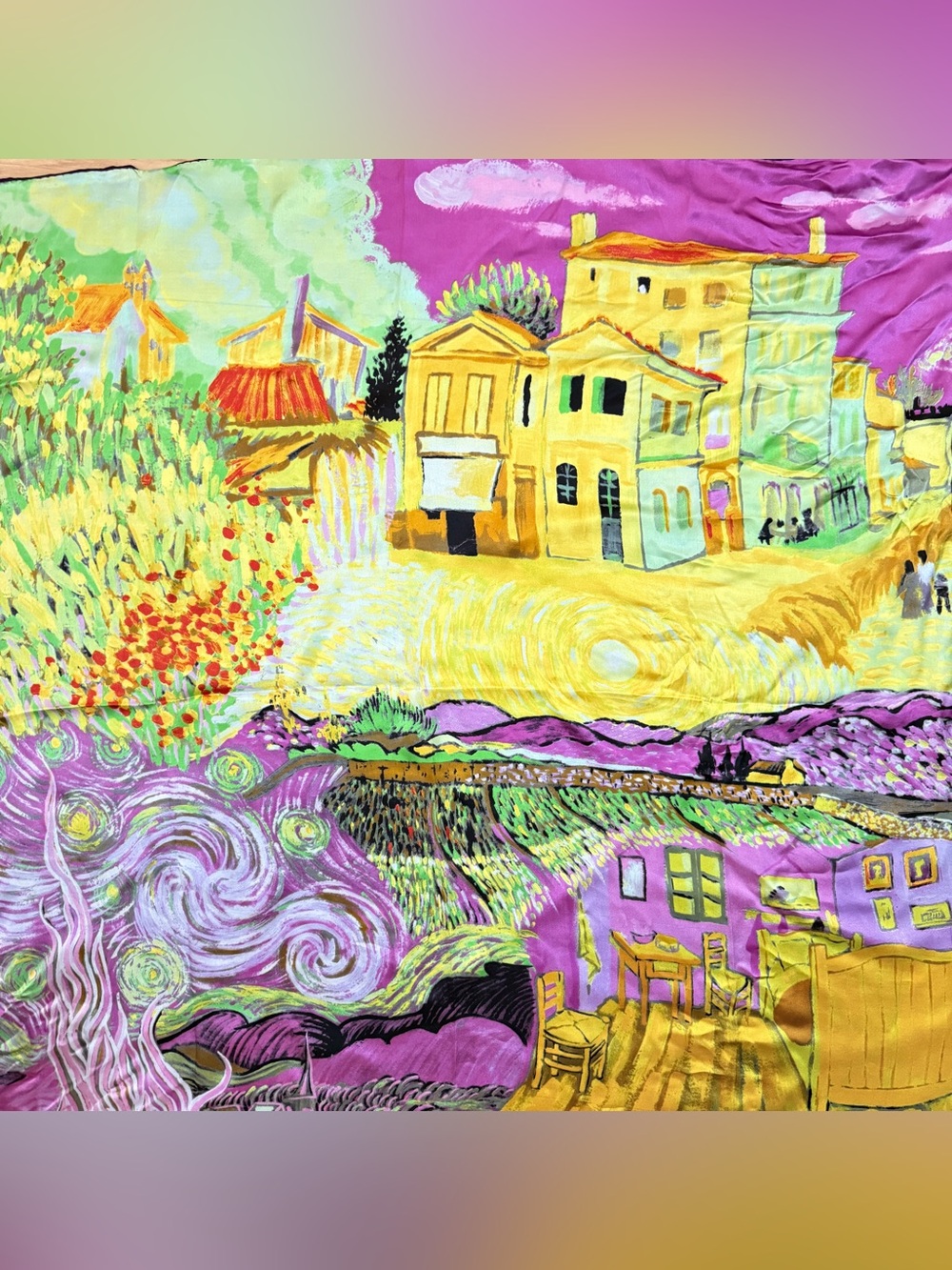 New 100% Silk Vibrant Painted Scarf in Yellow & Purple Vincent van Gogh ? LARGE